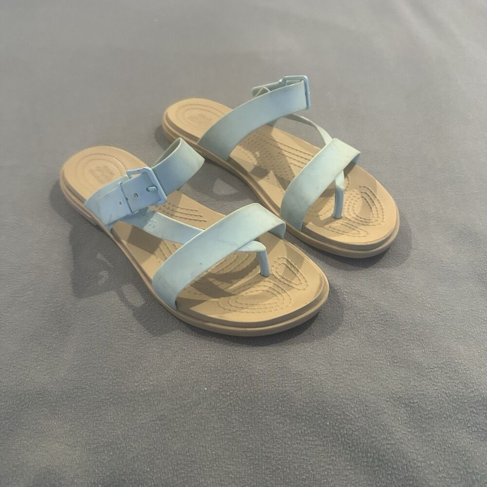 Crocs Tulum Toe Post Sandals Womens 8 Strappy Buckle Flat 206108 Teal Tan